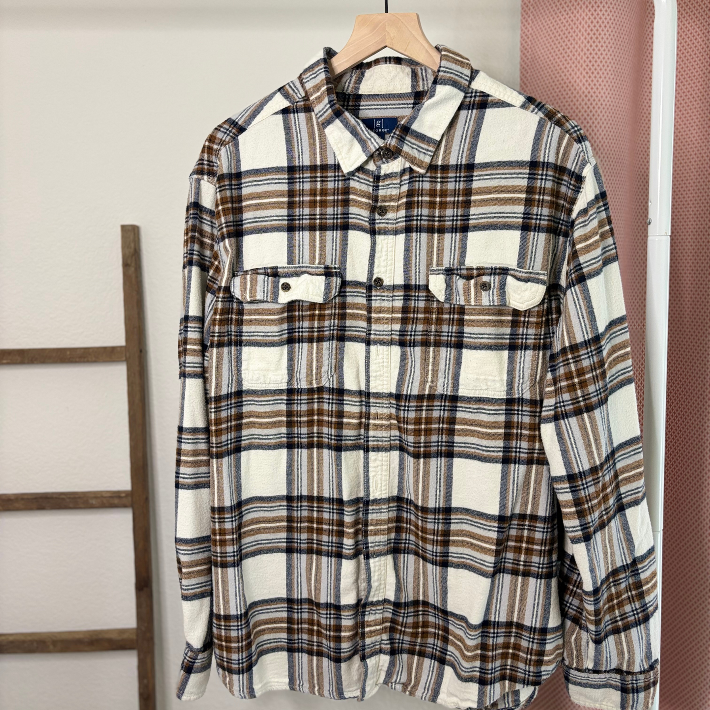 George Cream, Navy & Yellow Plaid Flannel Button-Up Shirt (Size 3X)