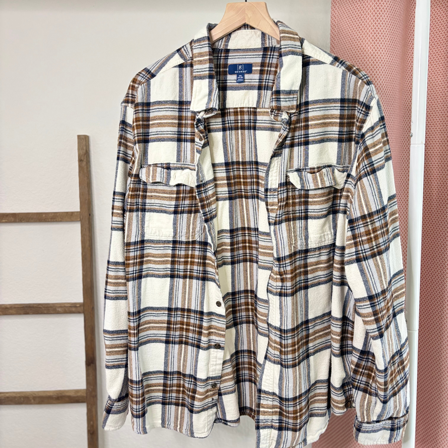 George Cream, Navy & Yellow Plaid Flannel Button-Up Shirt (Size 3X)
