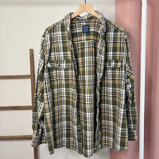 Faded Glory Army Green Plaid Flannel Button-Up Shirt (Size 2X)